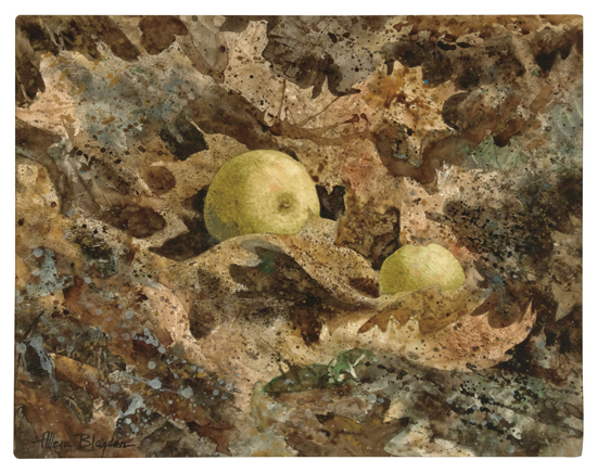 ALLEN BLAGDEN Still Life with Apples and Leaves.